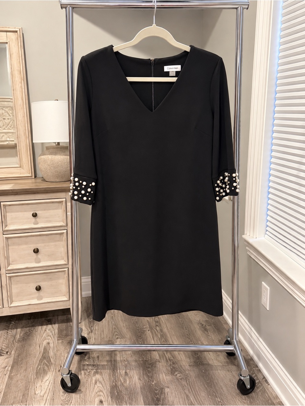 Calvin Klein Black Shift Dress Pearl Embellished Sleeves